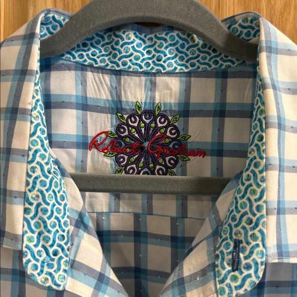 Robert Graham Blue and White Plaid Button Down Cuff and Neck Accents Shirt 2XLT - Picture 4 of 11